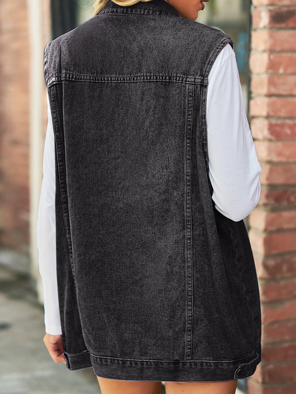 Loose Sleeveless Buttoned Drawstring Pockets Split-Joint Polo Vest Outerwear