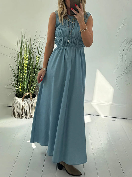 Sleeveless pleated cotton and linen dress