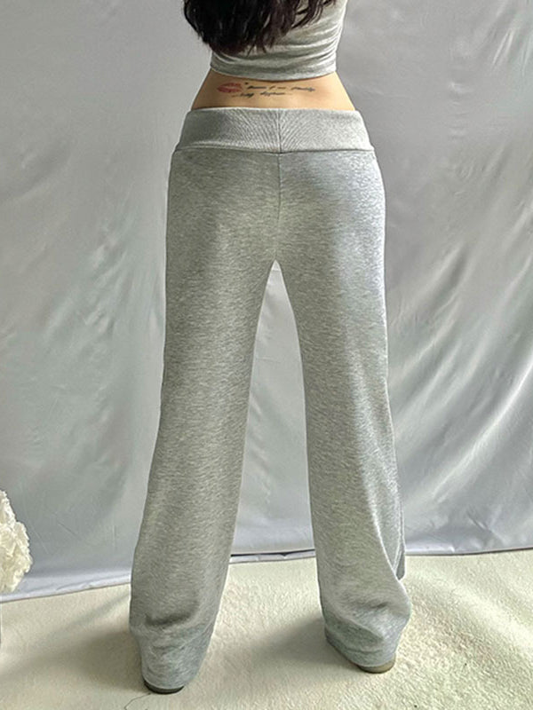 Flared Pants Loose Drawstring Pockets Solid Color Pants Trousers