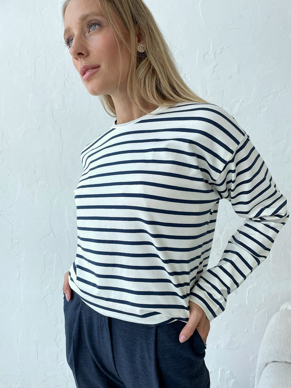 Long-sleeved striped T-shirt casual round neck cotton striped loose top