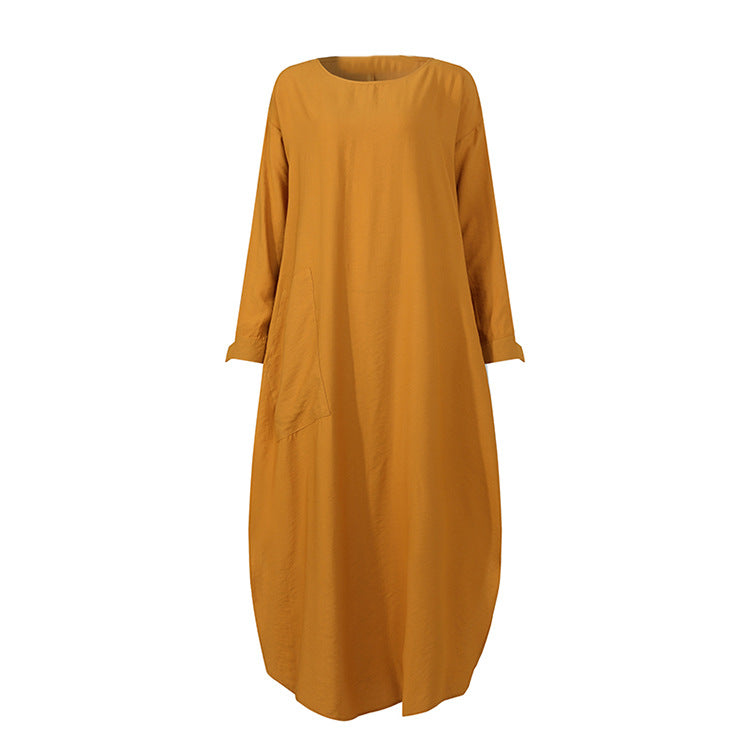 Simple Solid Color Long Sleeve Round Neck Midi Dress