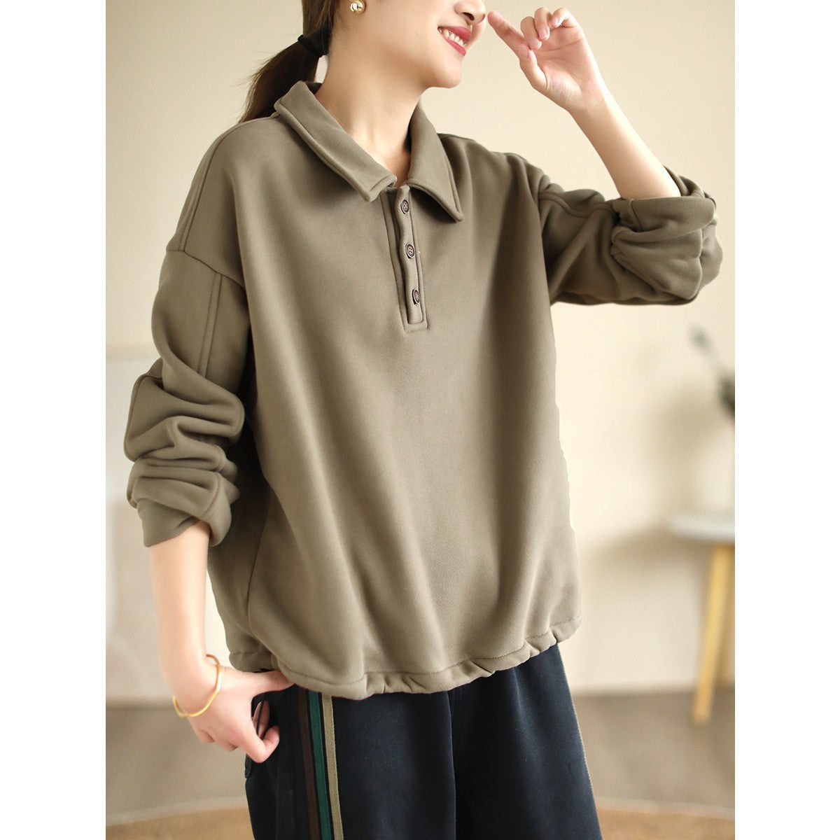 Literary Solid Color Cotton Long Sleeve Sweatshirt