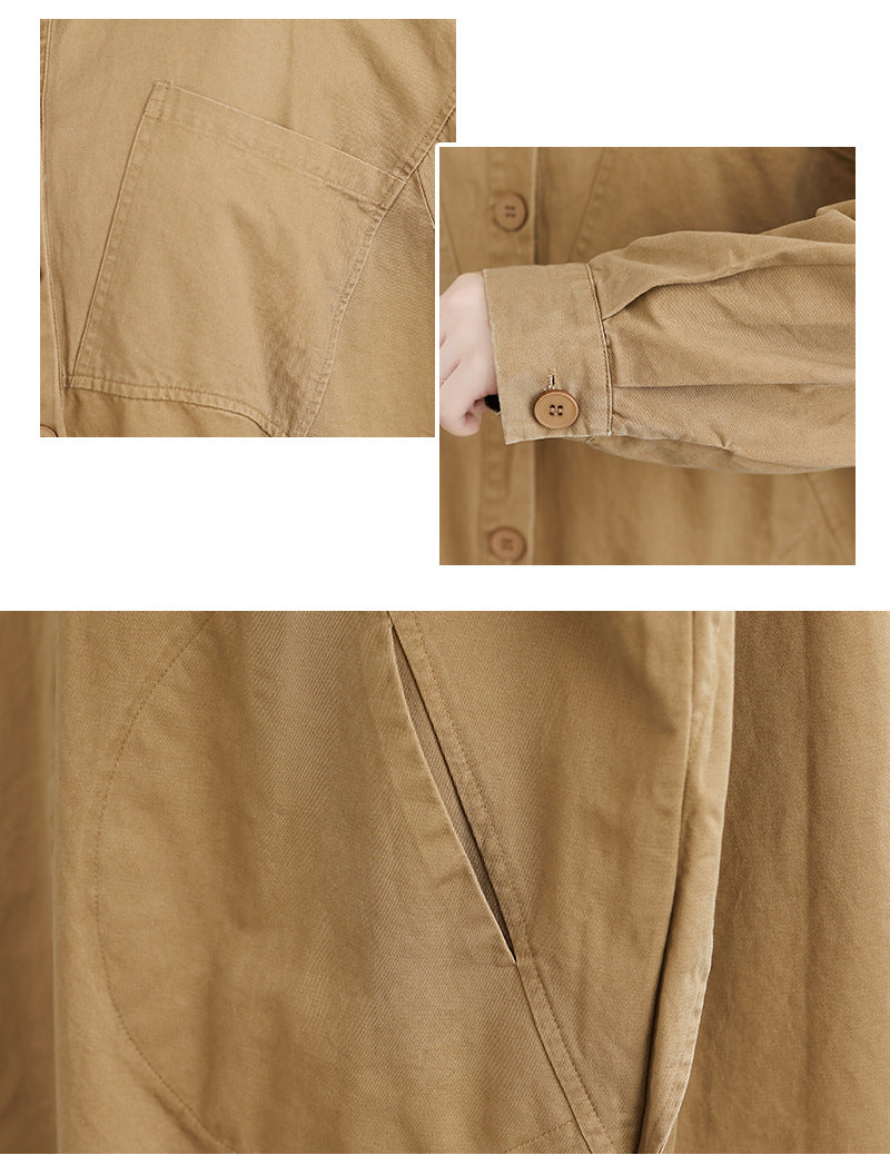 Literary Solid Color Lapel Long Sleeve Trench Coat