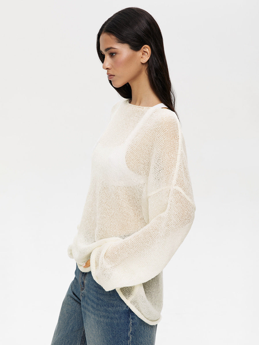 Hollow sweater spring and summer women's see-through thin scoop bell sleeve knitted T-shirt