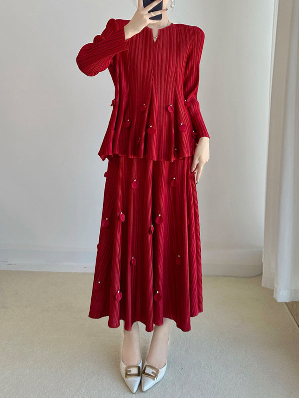 Long Sleeves Loose Pleated Solid Color Three-Dimensional Flower V-Neck T-Shirt Top + Skirt Bottom Two Pieces Set