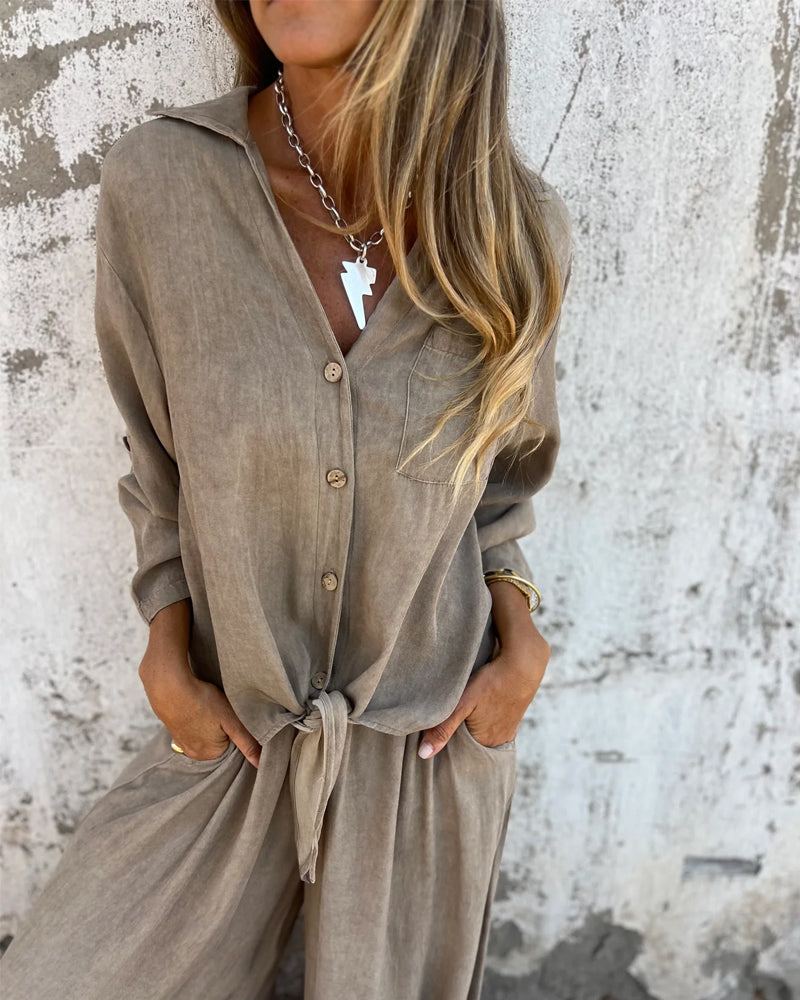 Casual Solid Shirt & Wide Leg Two-Piece Set