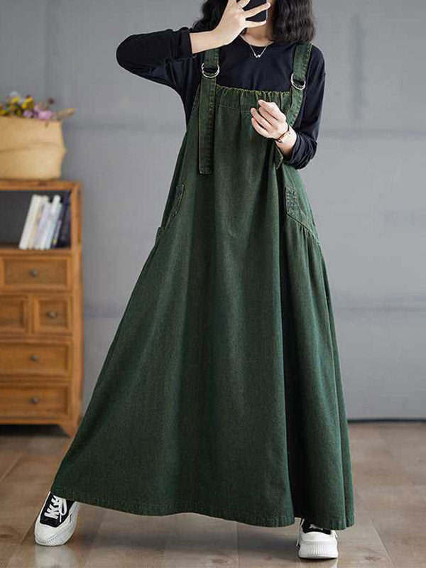 A-Line Loose Pleated Pockets Solid Color Split-Joint Spaghetti-Neck Suspender Dress