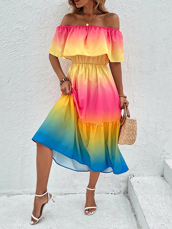 A-Line Loose Contrast Color Elasticity Off-The-Shoulder Midi Dresses