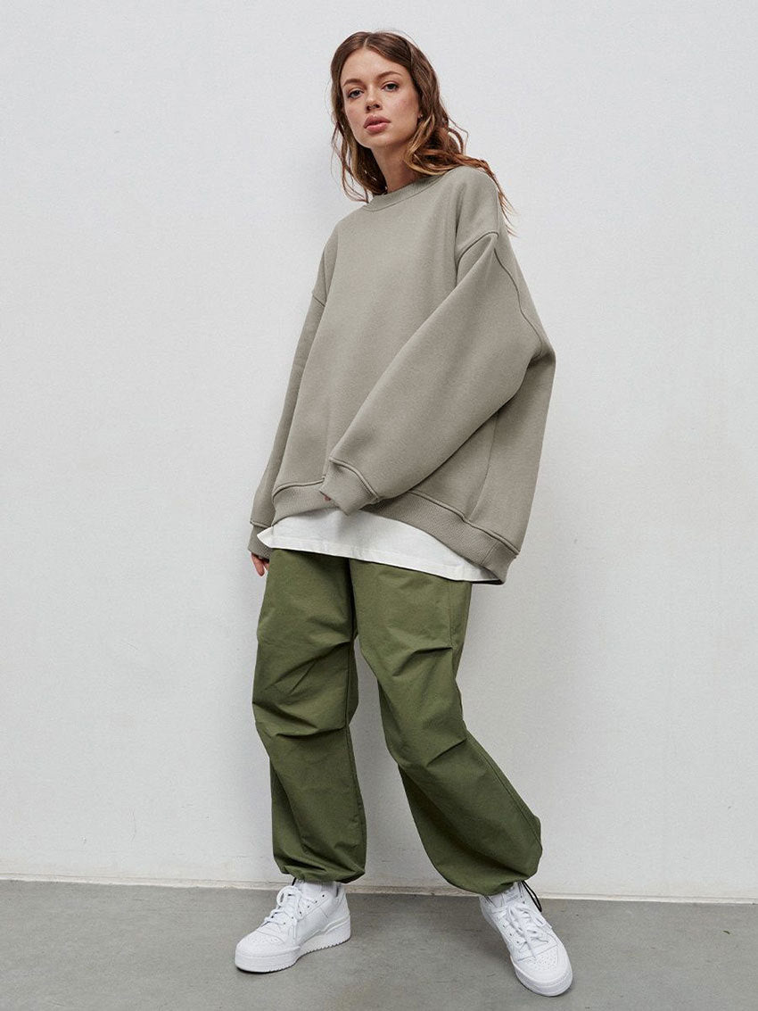 Round neck loose sweatshirt women's autumn winter Street solid color Oversize polar fleece pullover top