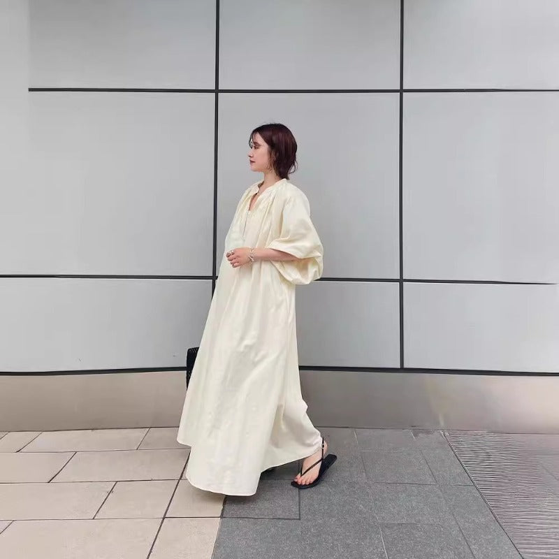 V-Neck Loose Casual Puffy Sleeves Solid Color Maxi Dress