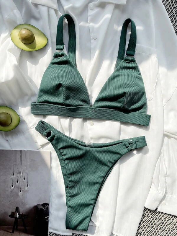 Solid Color Split High Waist Bikini Swimsuit