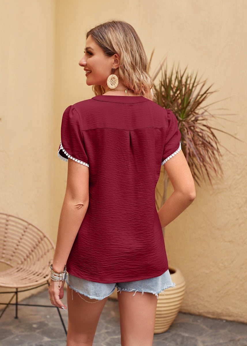 Simple Chiffon V-neck Short Sleeve T-shirt
