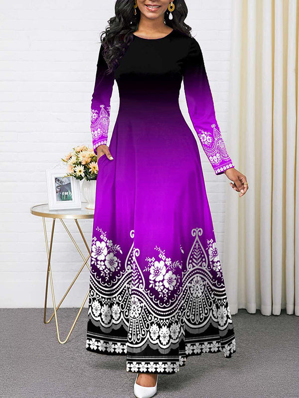 Long Sleeves Contrast Color Floral Printed Round-neck Maxi Dresses