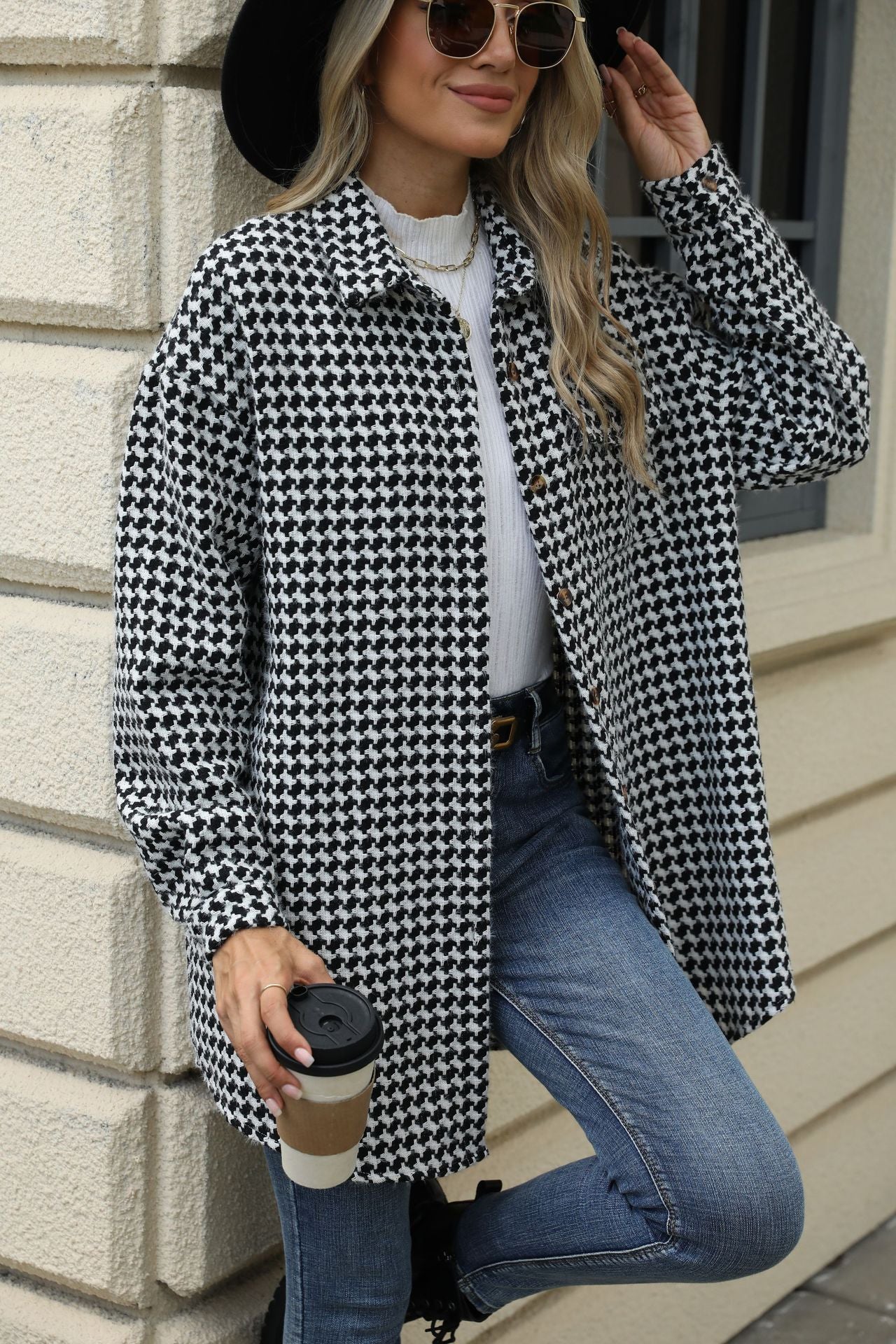 Autumn and Winter houndstooth polo collar top mid-length woolen coat for women