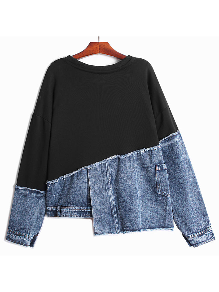 Loose Fit Denim Irregular Sweatshirt New Round Neck Long Sleeve Women Big Size Fashion Tide Spring Autumn