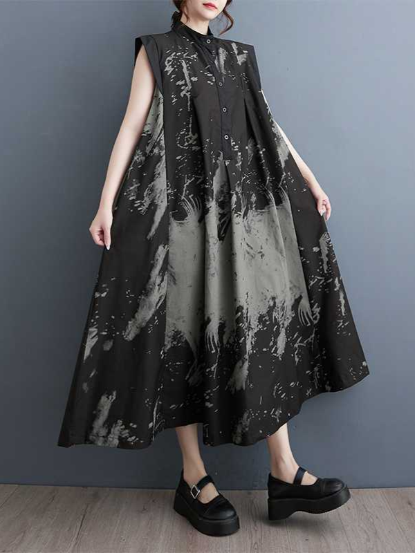 Colorblocked Ink Print Sleeveless A-Line Dress