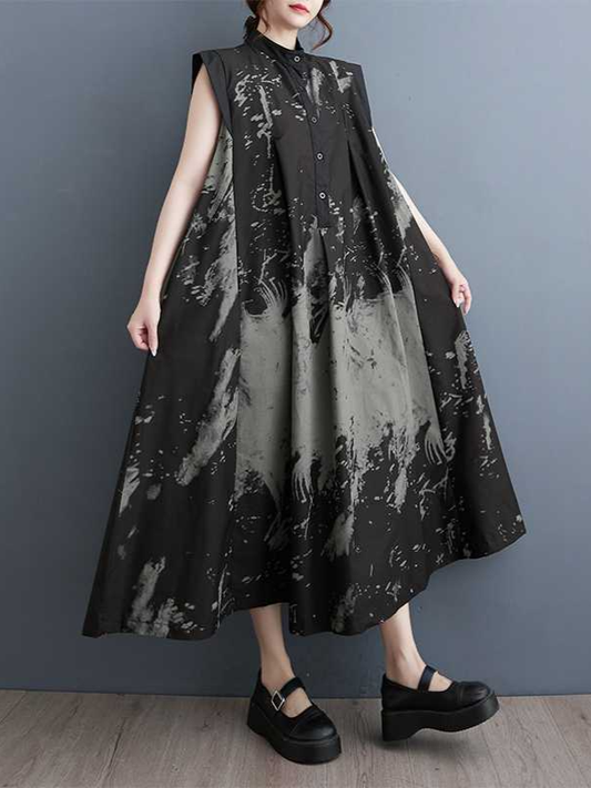 Colorblocked Ink Print Sleeveless A-Line Dress