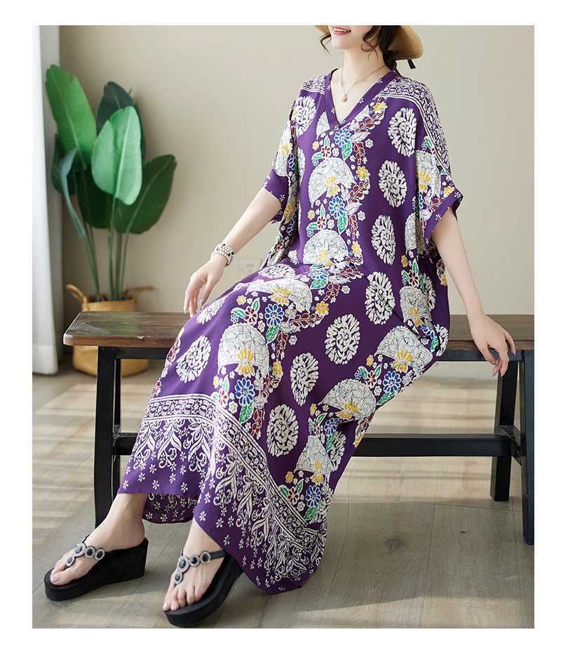 Retro Printed V-Neck Short Sleeve Maxi Dress
