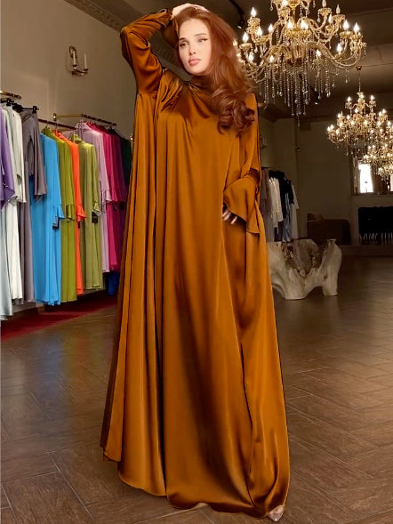 Flared Sleeves Long Sleeves Solid Color High-Neck Maxi Dresses