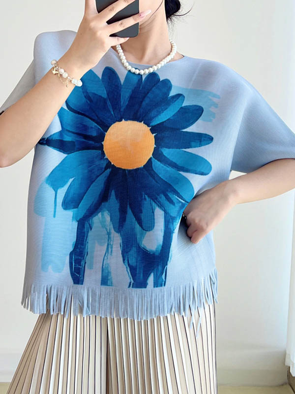 Batwing Sleeves Loose Flower Print Pleated Tasseled Round-Neck T-Shirts Tops
