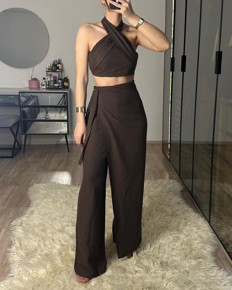 Fashion Lace-Up Top & Lace-Up Pants Two-Piece Set