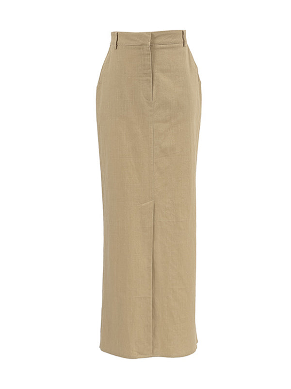 Bodycon High Waisted No Belt Pockets Solid Color Split-Front Skirts Bottoms