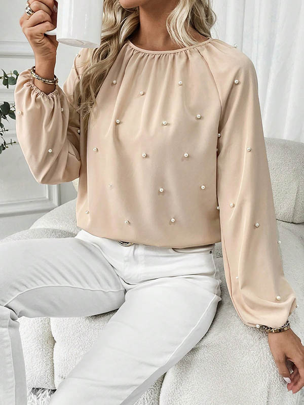 Long Sleeves Loose Beaded Elasticity Pleated Solid Color Round-Neck Blouses&Shirts Tops