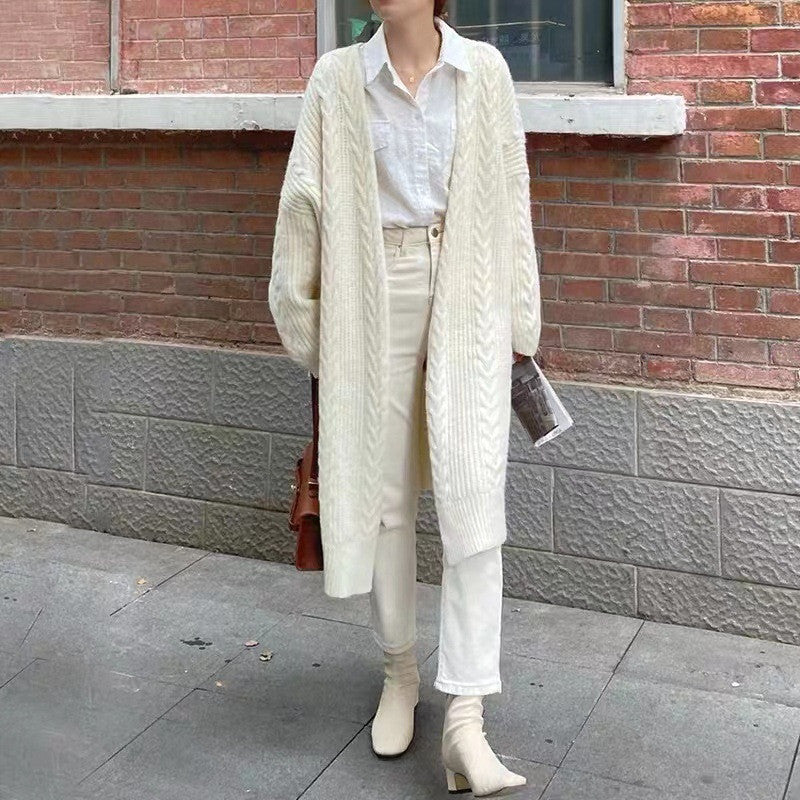 Autumn 2025 New Cross-Border Long Knitted Cardigan Long-Sleeved Lazy Style Twist Sweater Outer Jacket for Women