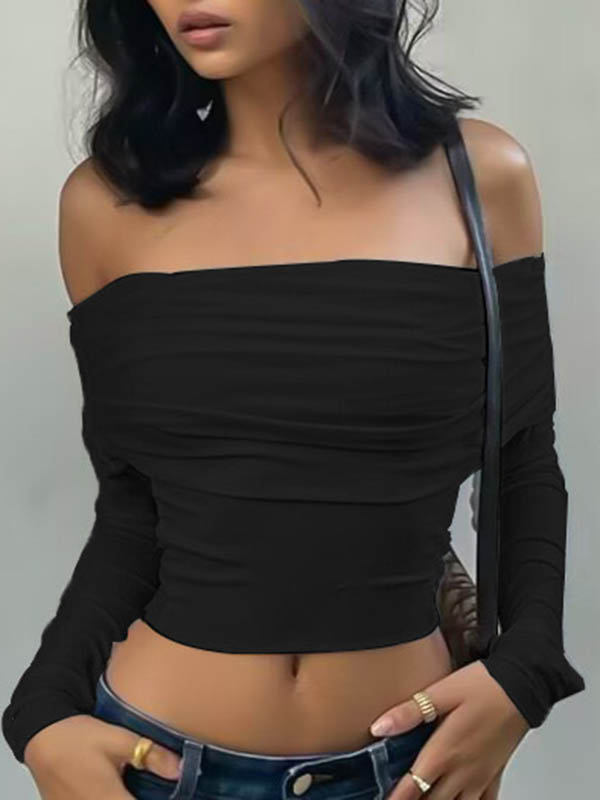 Skinny Pleated See-Through Solid Color Split-Joint Off-The-Shoulder T-Shirts