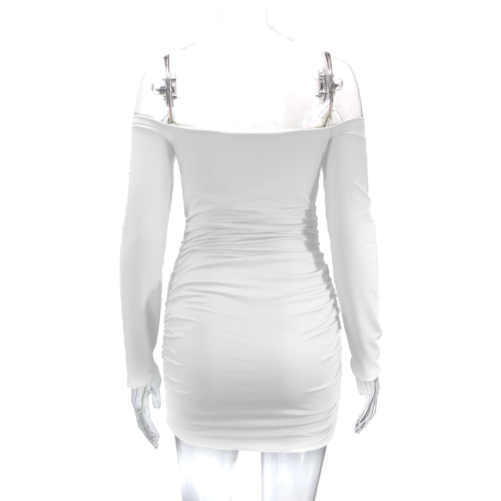 Women's clothing European and American sexy pleated off-neck long sleeve ladies dress