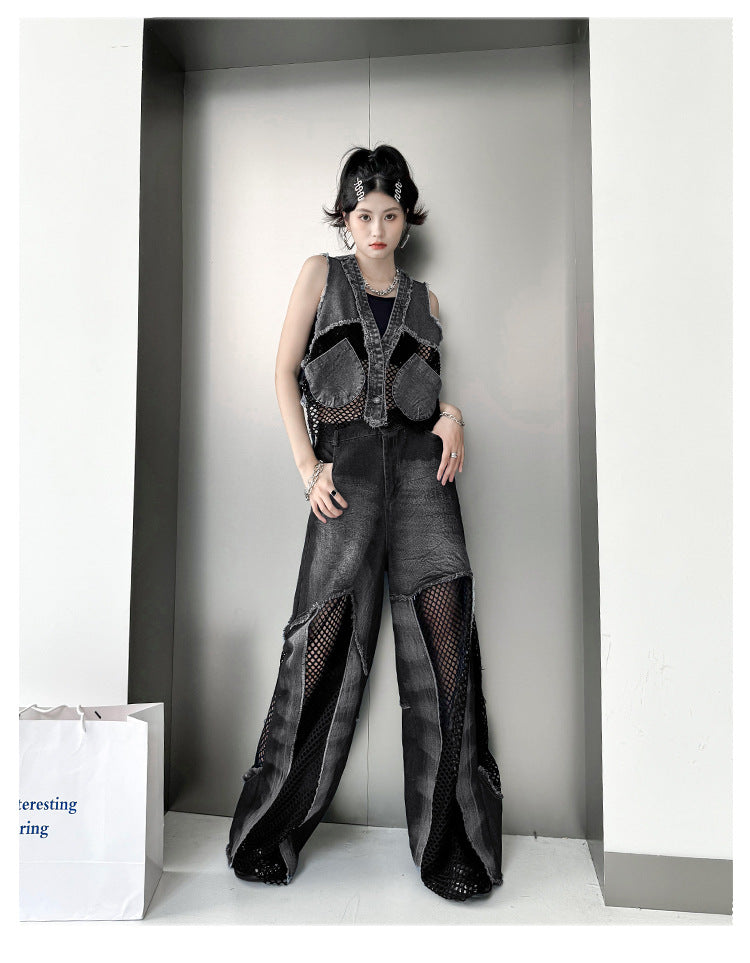 Vintage Mesh Splicing Denim Vest