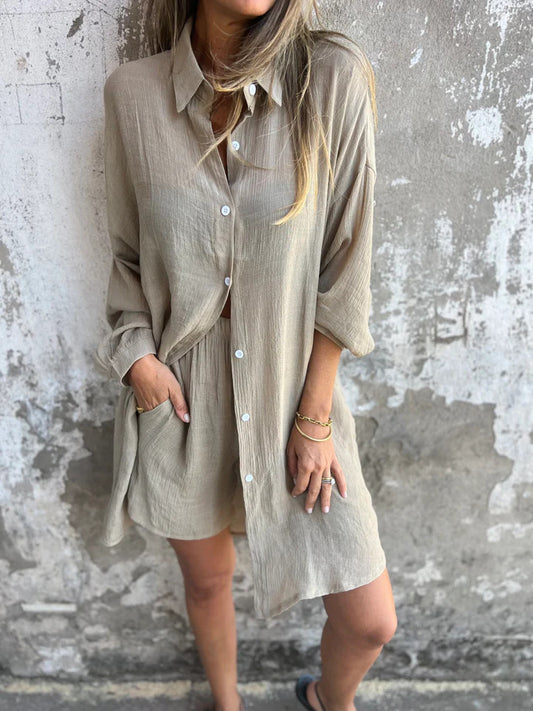 Casual Solid Color Shorts Long Sleeve Wrinkled Cloth Shirt Two-Piece Set