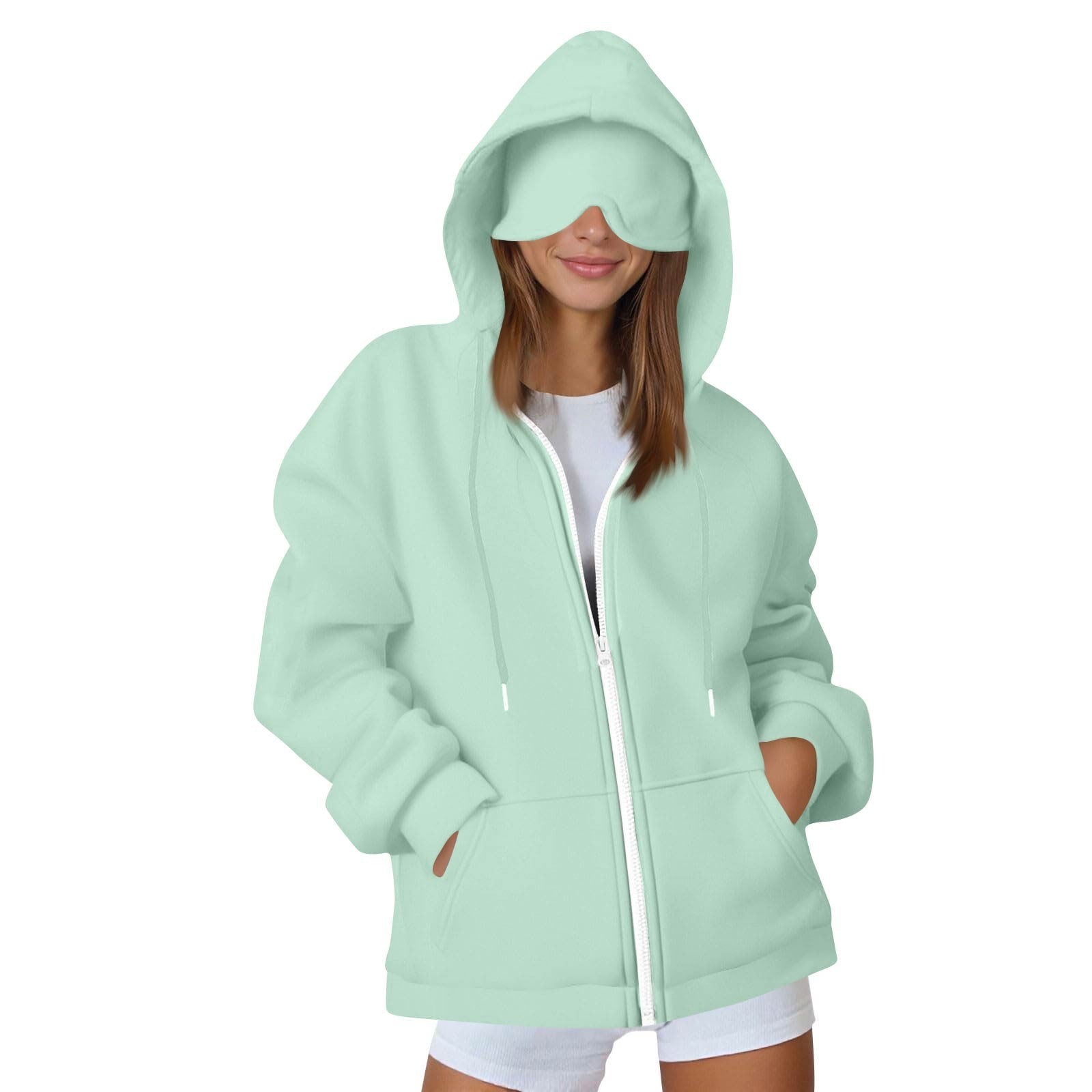 2025 European and American solid color women's autumn and winter hooded cardigan with eye patch zipper sweater