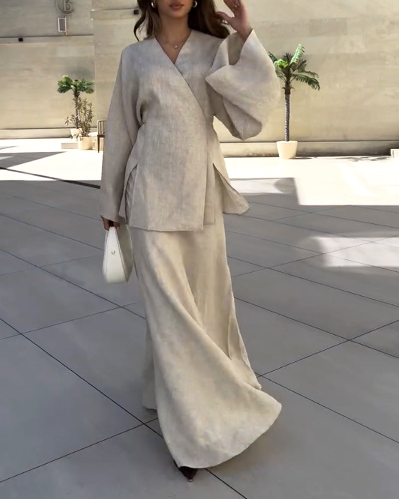 Casual V-Neck Split Shirt & Skirt Two-Piece Set