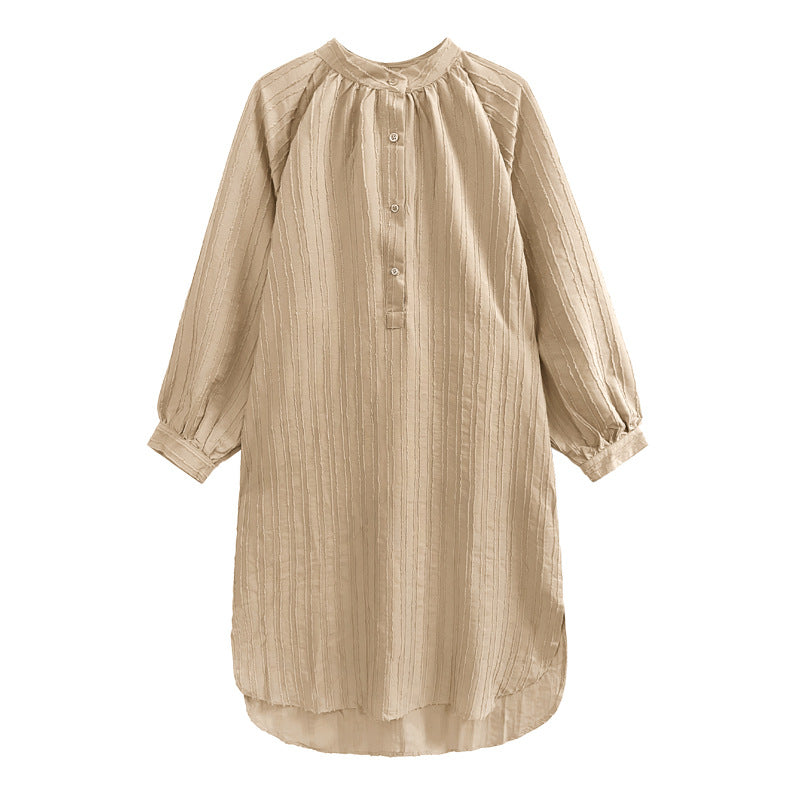 Asymmetric Striped Stand Collar Long Sleeve Midi Dress