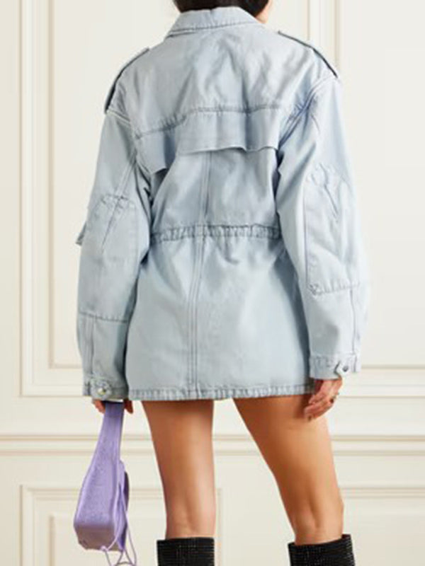 Long Sleeves Loose Buttoned Drawstring Pockets Split-Joint Lapel Outerwear