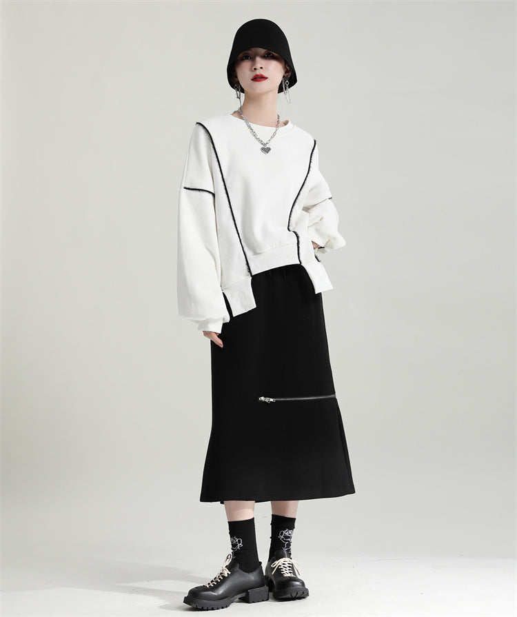 Irregular Splicing Round Neck Long Sleeve Velvet Sweatshirt