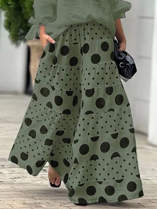 High Waisted Loose Contrast Color Elasticity Pockets Polka-Dot Split-Joint Pants Trousers