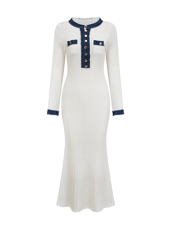 Bodycon High Waisted Buttoned Round-Neck Knit Dresses Midi Dresses