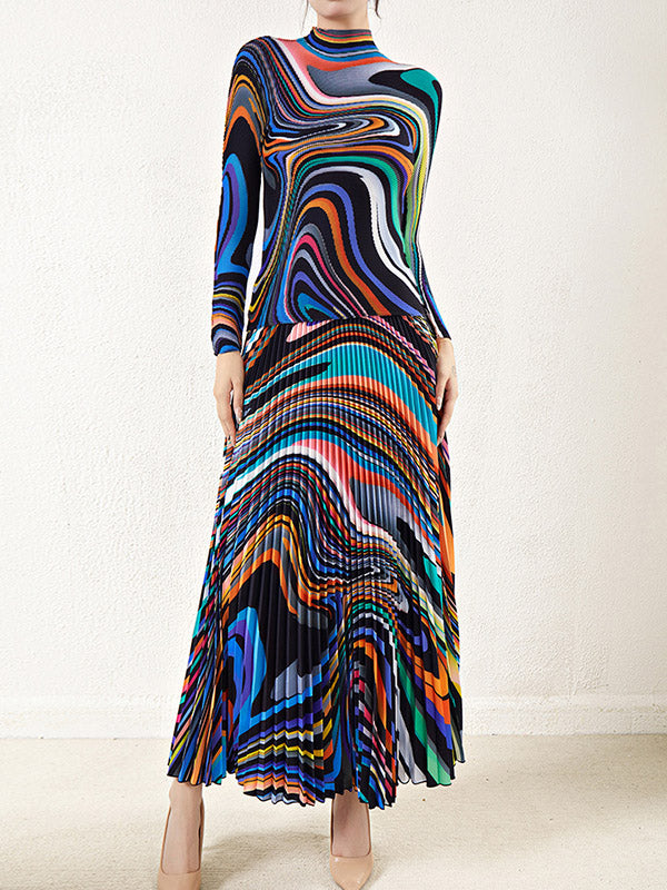 Long Sleeves Contrast Color Pleated Mock Neck T-Shirt Top + Printed A-Line Skirts Bottom Two Pieces Set