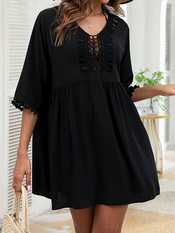 Half Sleeves Loose Hollow Solid Color Tasseled V-Neck Cover-Up Mini Dresses