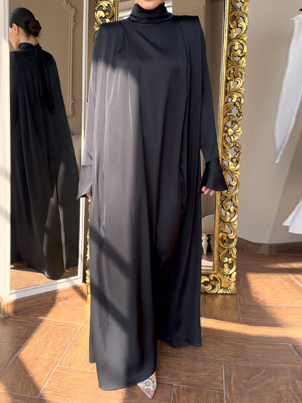 Flared Sleeves Long Sleeves Solid Color High-Neck Maxi Dresses