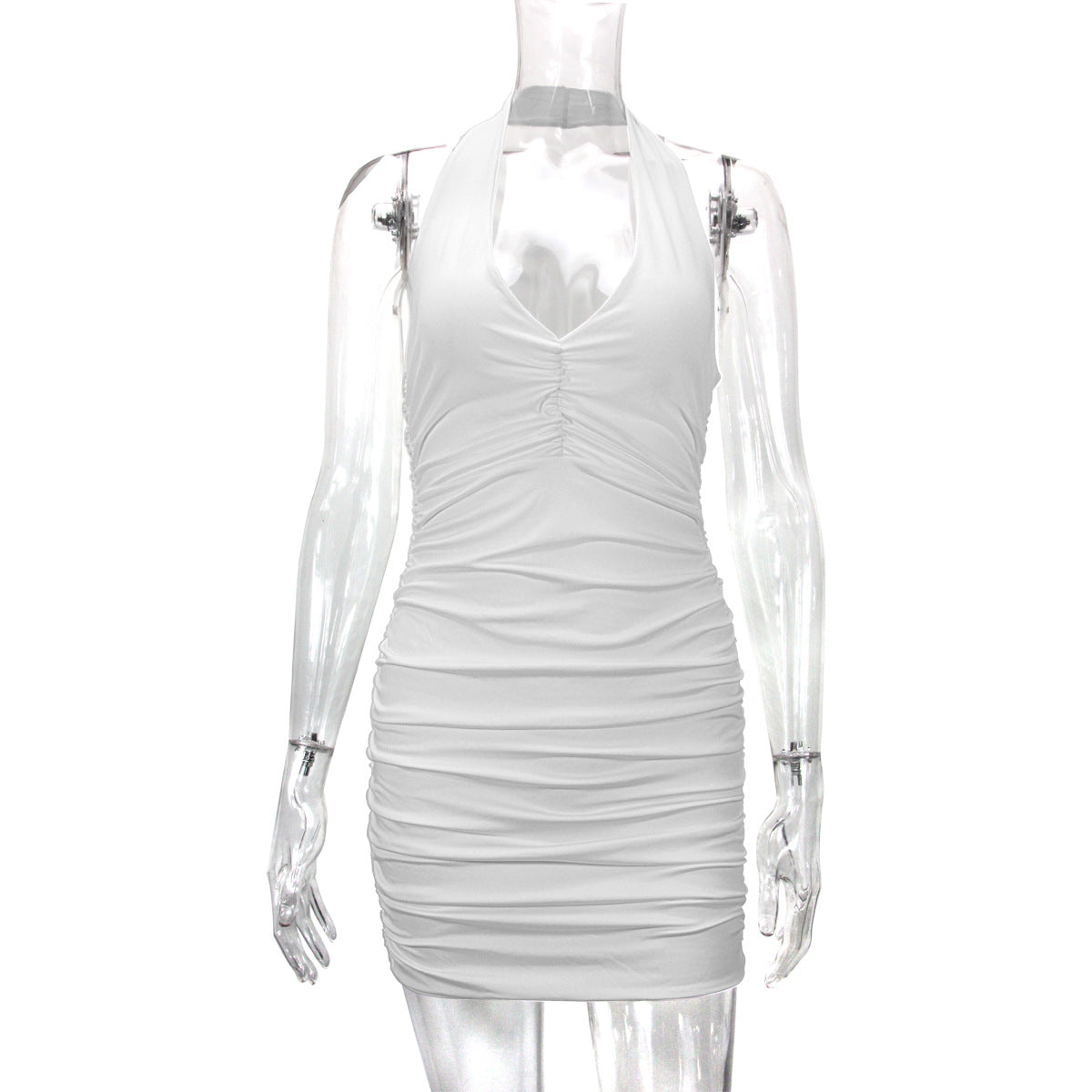 V-neck halter backless off-shoulder sexy minimalist pleated dress