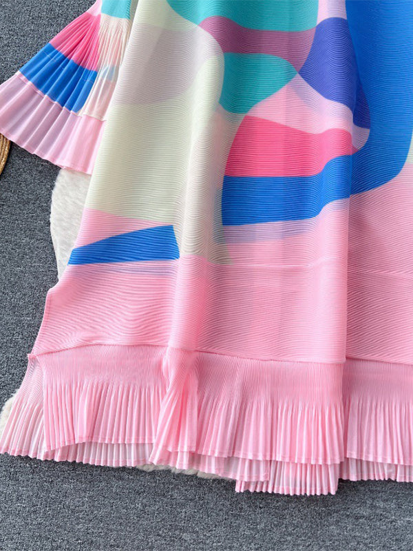 Flared Sleeves Loose Belted Contrast Color Pleated Midi Dresses