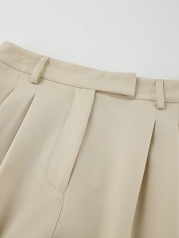 High Waisted Loose Pleated Pockets Solid Color Suit Pants Trousers
