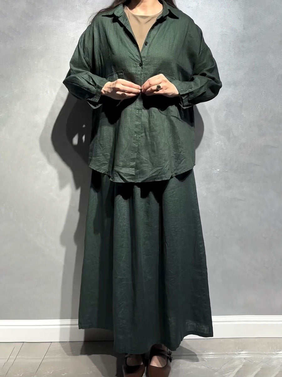 Double pocket cotton and linen casual two-piece set