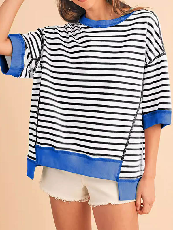 High-Low Loose Split-Joint Striped Round-Neck T-Shirts