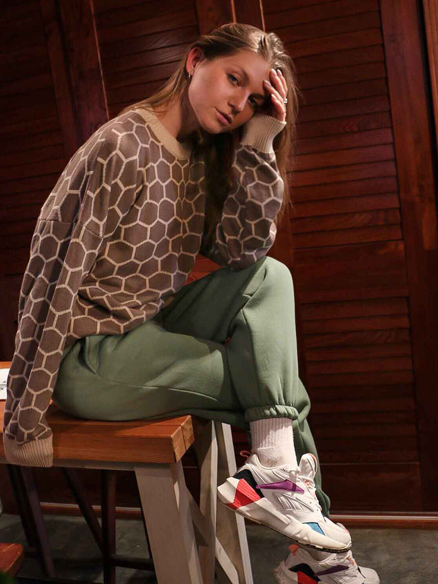 Round neck honey sweater autumn and winter loose plaid pullover round neck knitted women's top