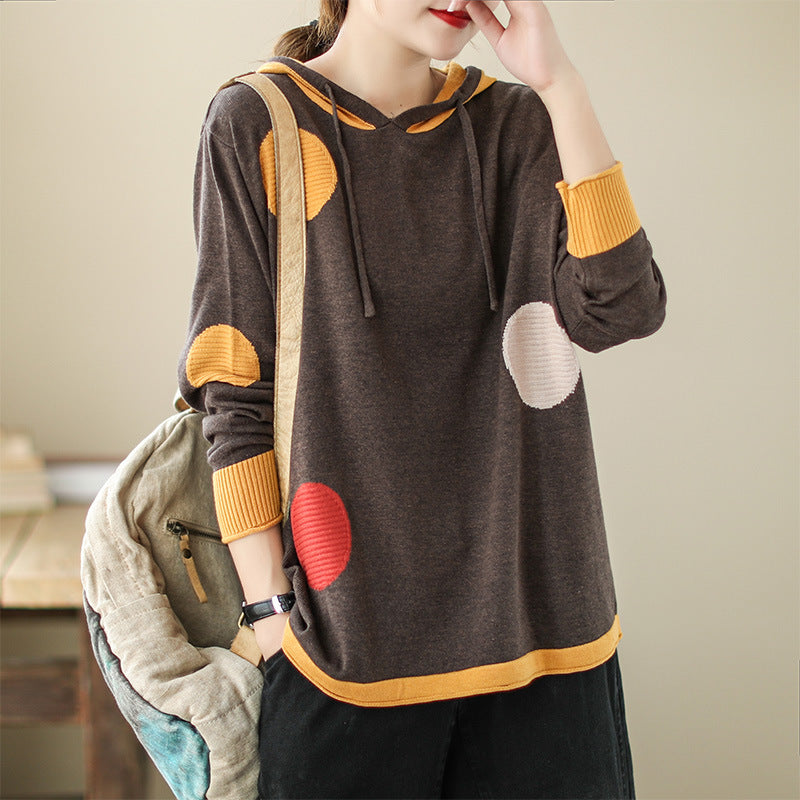 Retro Big Polka Dot Hooded Knit Sweatshirt