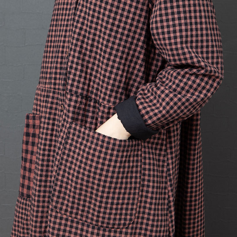 Loose Splicing Hooded Plaid Midi Dress